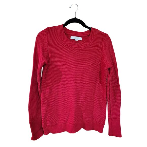 Loft Womens Red Textured Knit Sweater M Long Sleeve Button Cuffs Cotton Blend - Picture 1 of 4